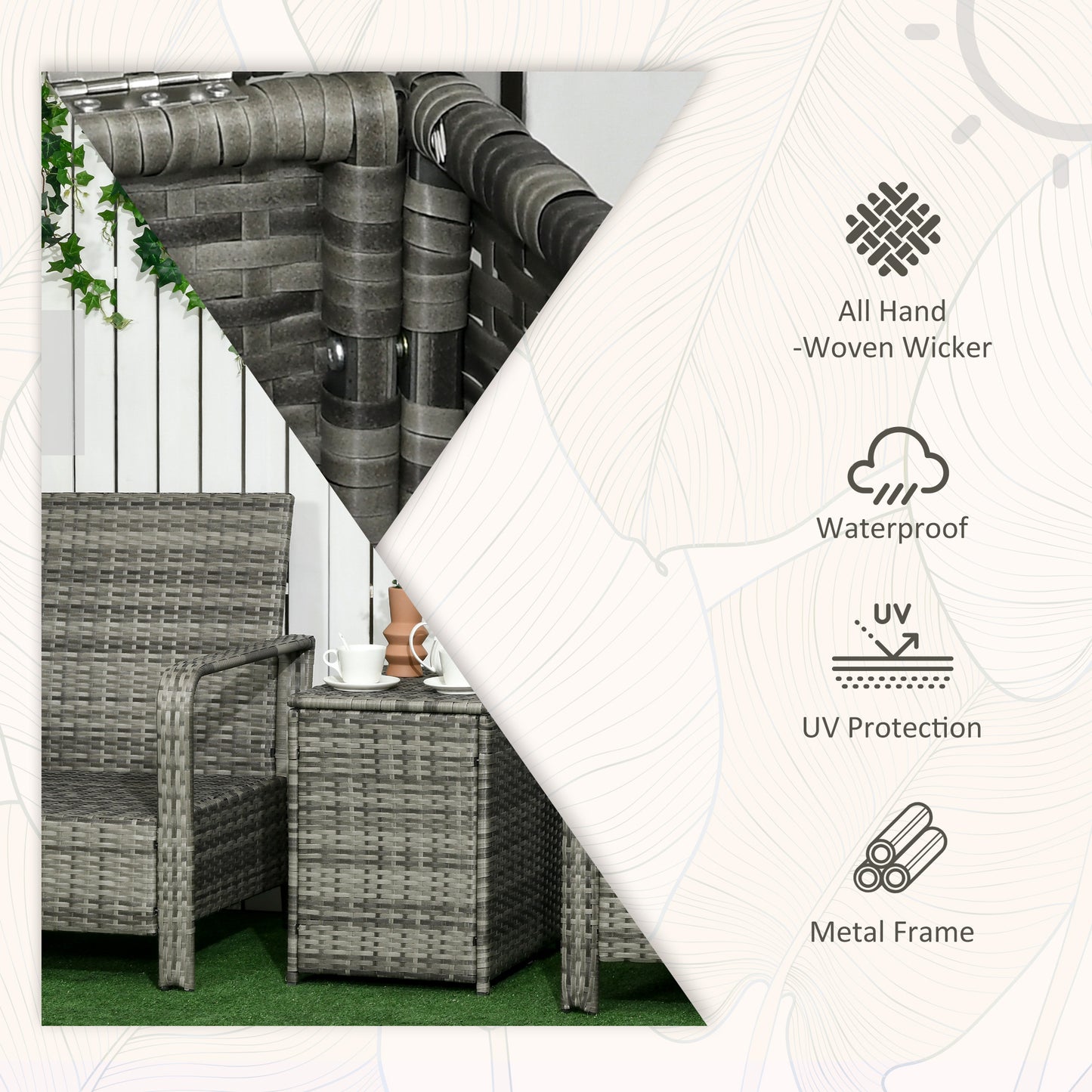3 Pieces Rattan Bistro Set, Wicker Garden Furniture Set with Storage Coffee Table and Chairs, Thickened Cushions for Outdoor