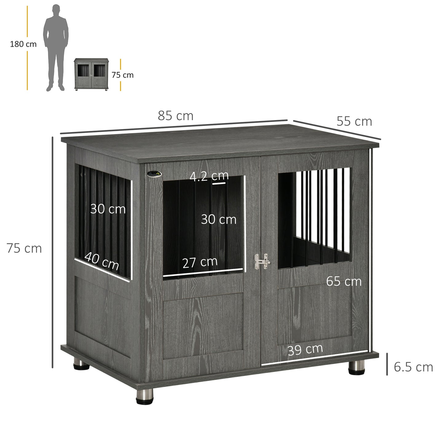 Dog Crate Table for Medium and Large Dogs with Magnetic Door for Indoor Use, 85 x 55 x 75 cm, Grey