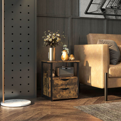 Industrial Side Table with Drawer, Sofa Table, Bedside Cabinet with Storage Shelf, Slim Nightstand for Living Room, Bedroom