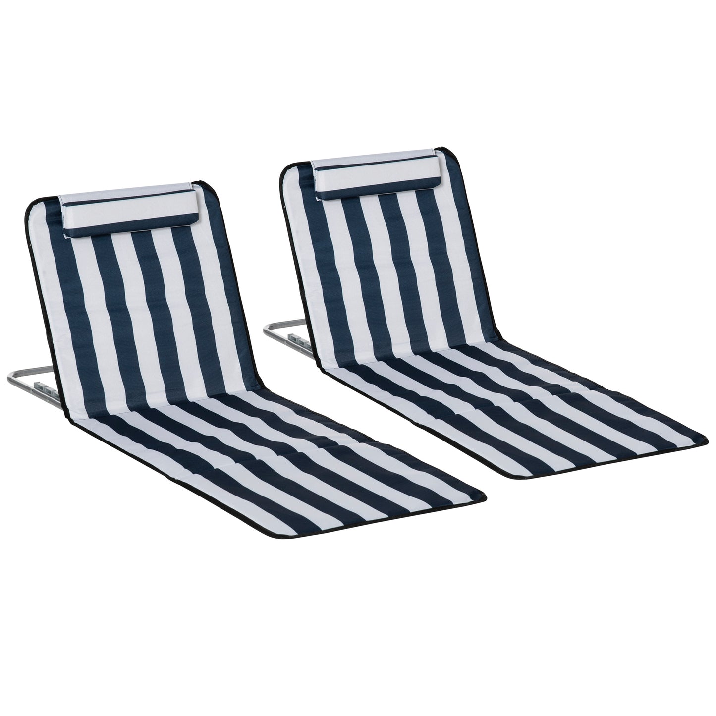 Set of 2 Foldable Garden Beach Chair Mat Lightweight Outdoor Sun Lounger Seats Adjustable Back Metal Frame PE Fabric Head Pil