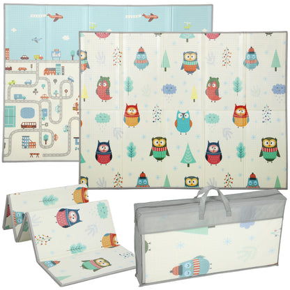 Foldable Baby Plat Mat Double Sided, Kids Floor Mat for Crawling, 200L x 150W cm, Car track and Owl Theme