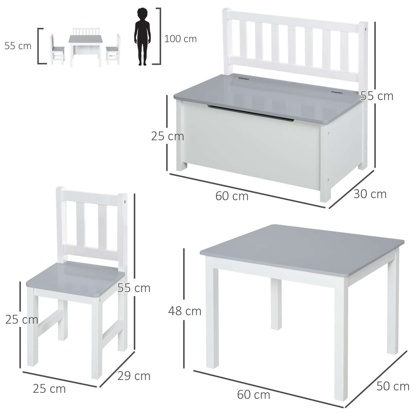 4-Piece Kids Table and Chair Set with 2 Wooden Chairs, 1 Storage Bench, and Interesting Modern Design, Grey/White