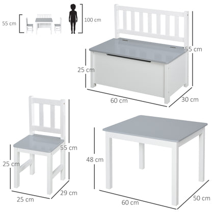 4-Piece Kids Table and Chair Set with 2 Wooden Chairs, 1 Storage Bench, and Interesting Modern Design, Grey/White