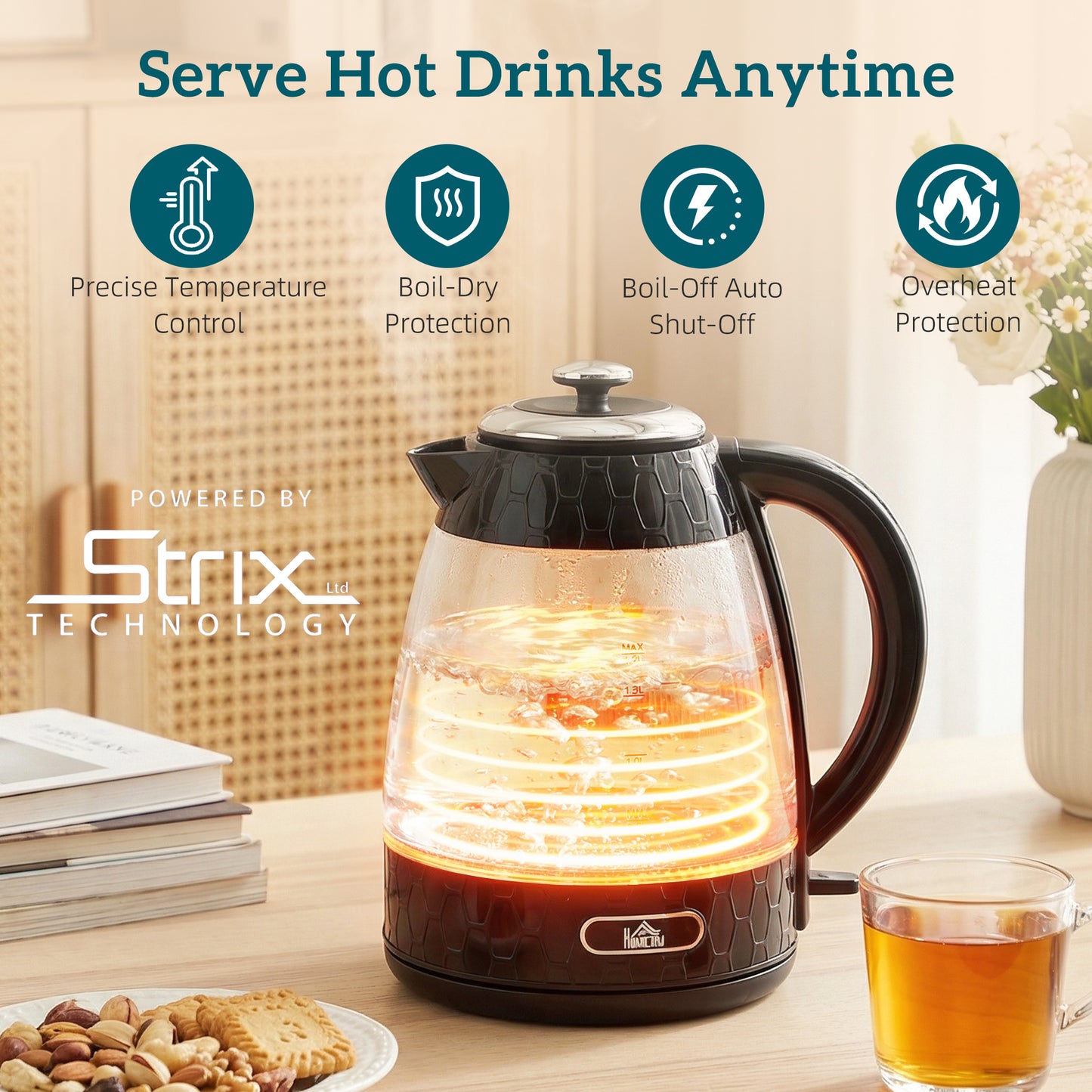 Kettle and Toaster Set, 1.7L 3000W Rapid Kettle with Strix Thermostat, 4 Slice Toaster with 7 Browning Controls, Black