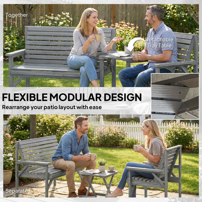 Wooden Garden Furniture Set with Parasol Hole, 1 Chair, 1 Bench and Detachable Table, Grey Embossed Finish