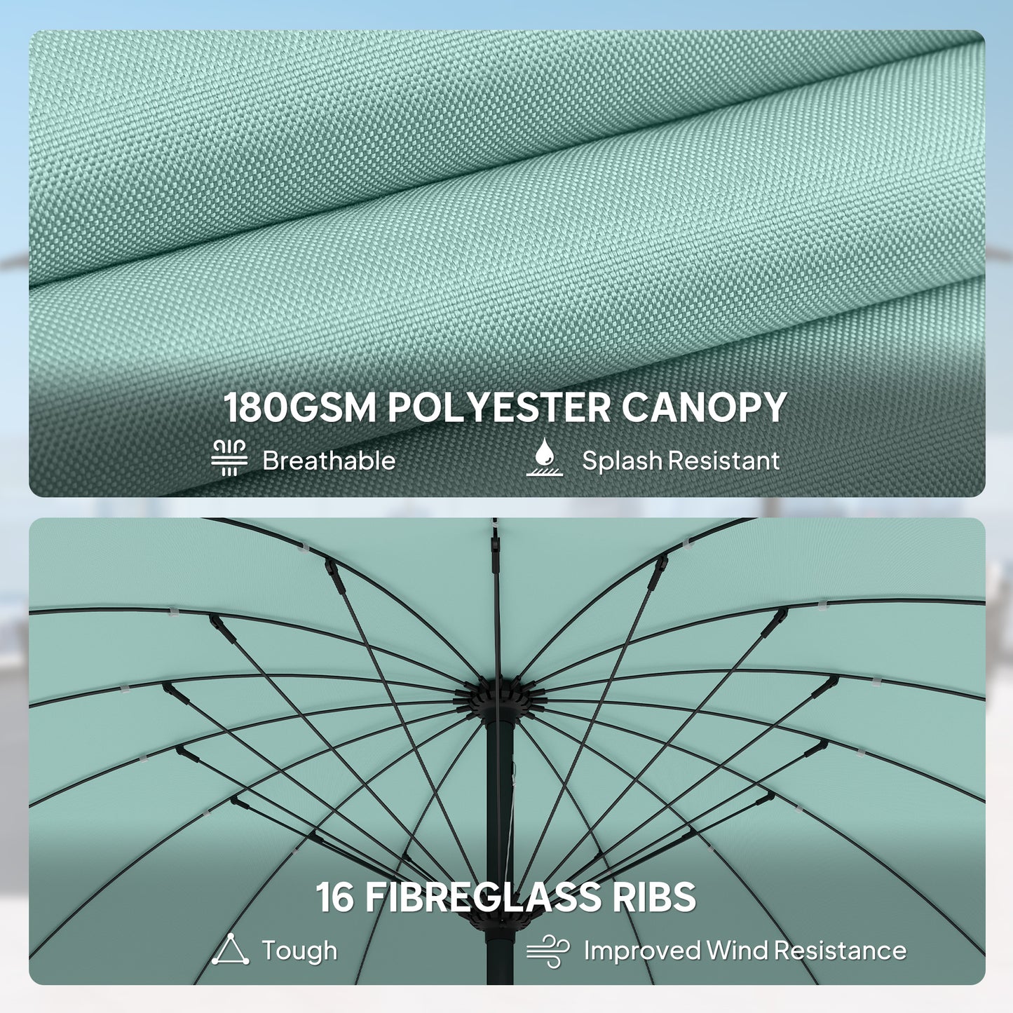 2 m Shanghai Garden Parasol Umbrella with 16 Fibreglass Ribs, Outdoor Parasol Sun Shade with Crank & Tilt, Turquoise