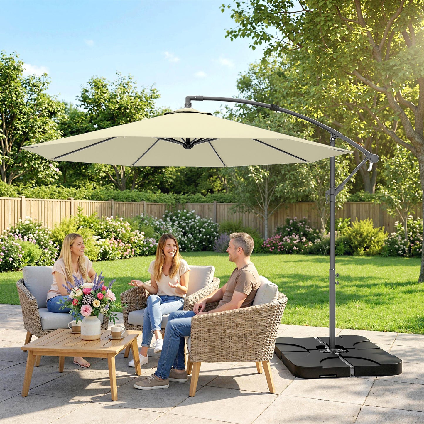 3m Overhanging Parasol, with Base, Weights and Cover - Sand brown