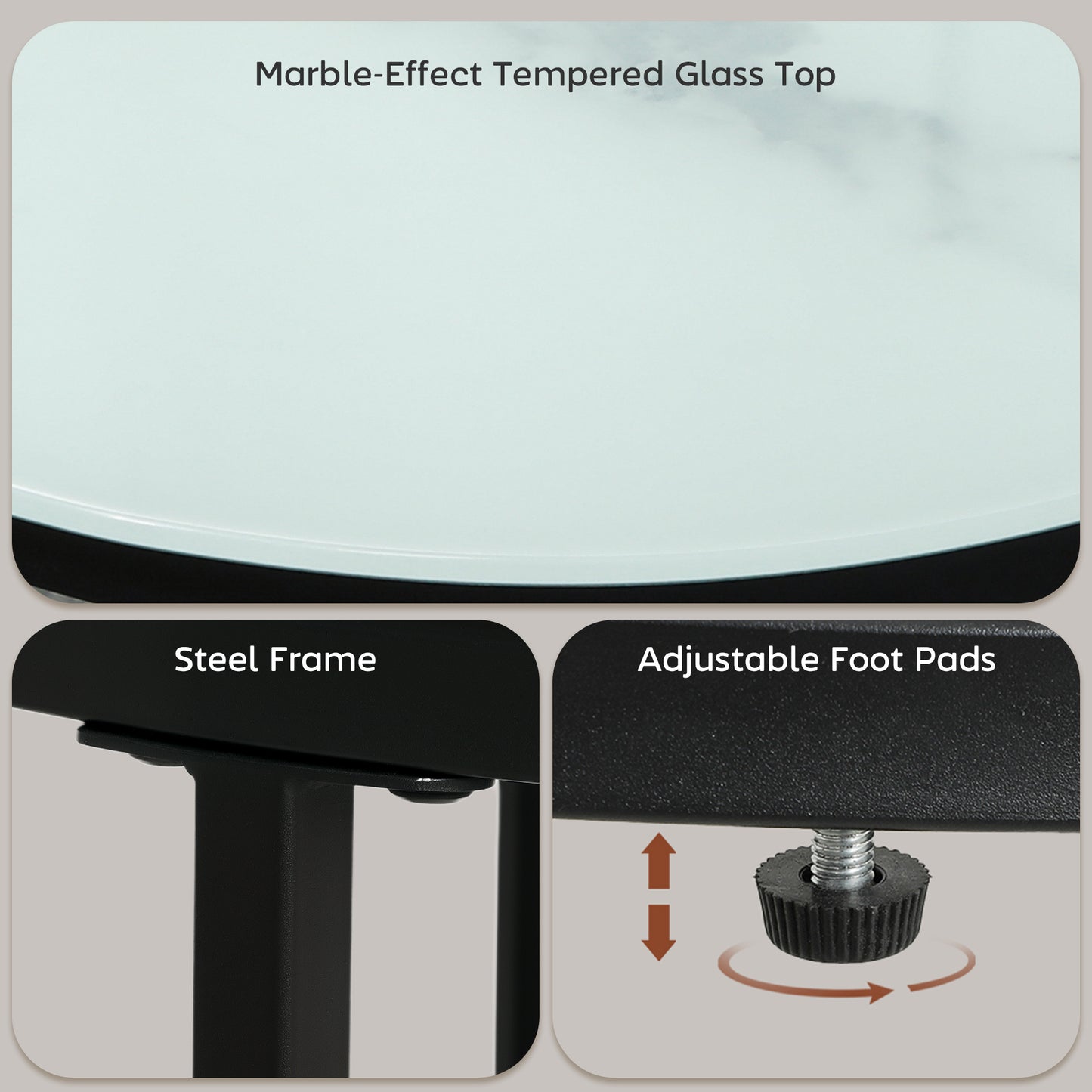 Glass Coffee Table Set of 2, Round Nest of Tables with Marble-Effect Tempered Glass Tabletop and Steel Frame