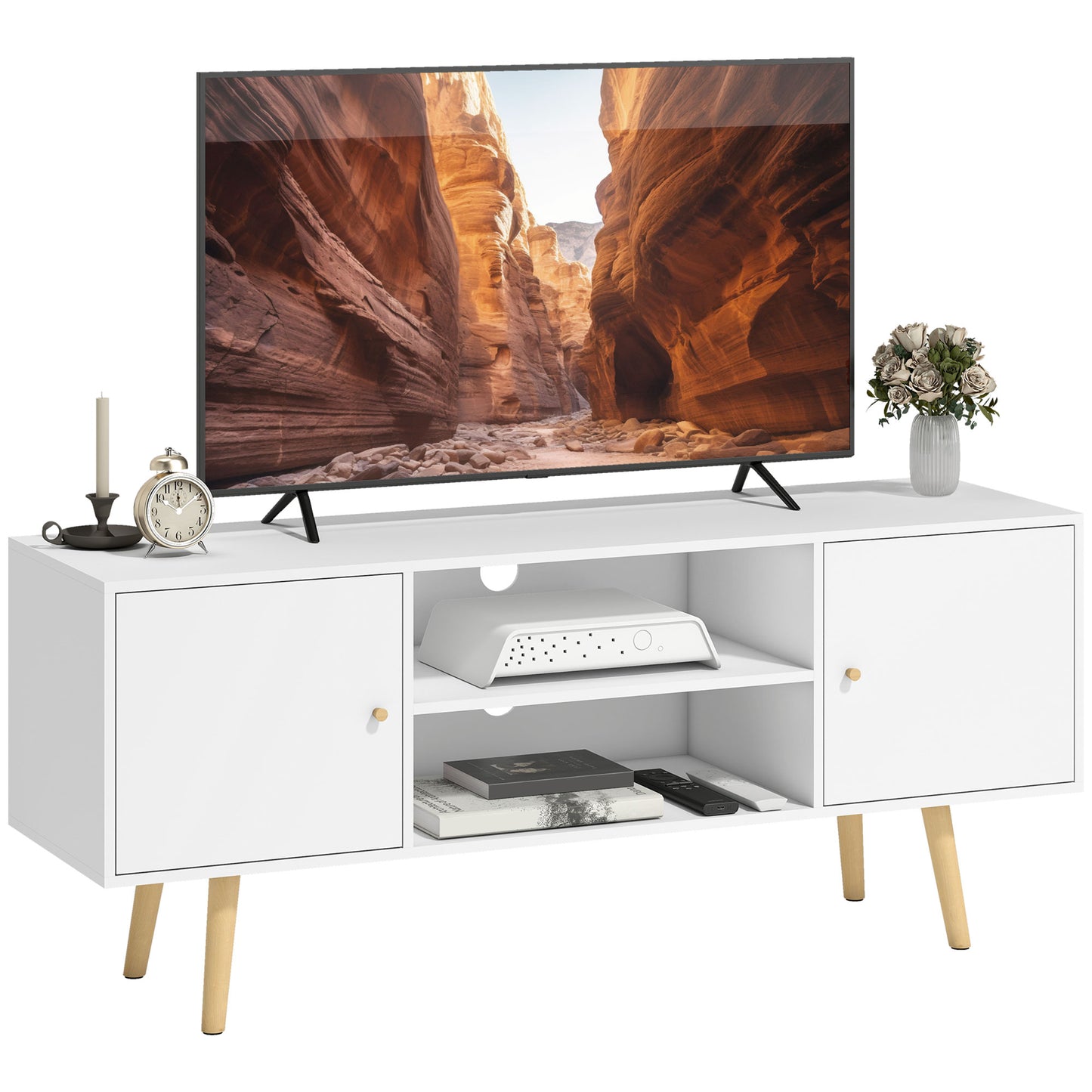 TV Stand Cabinet up to 55 Inches, TV Unit with Storage Shelves and Wood Legs for Living Room, Bedroom, White