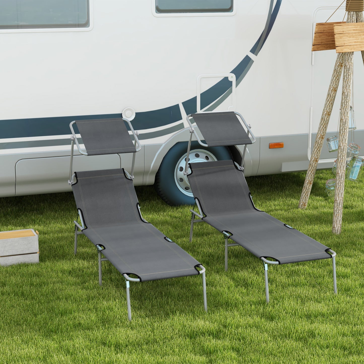Folding Sun Lounger Set of 2 with Canopy, Reclining Sunbed with 4-Position Adjustable Backrest, 600D Oxford Cloth