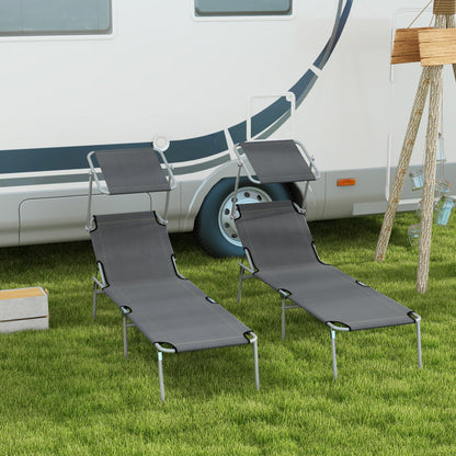 Folding Sun Lounger Set of 2 with Canopy, Reclining Sunbed with 4-Position Adjustable Backrest, 600D Oxford Cloth