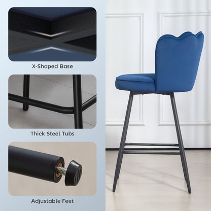 Set of Two Velvet-Feel Lotus Bar Stools - Dark Blue
