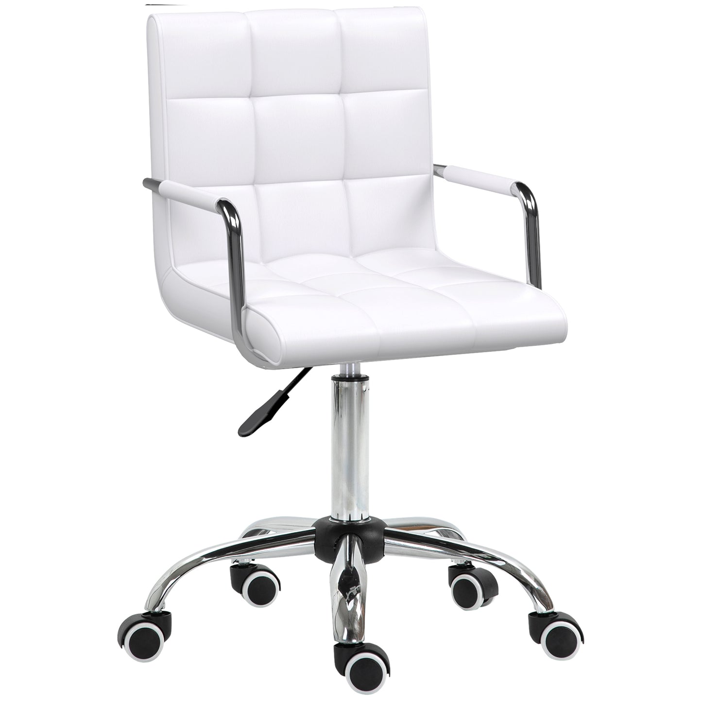 Makeup Vanity Chair, PU Leather Mid Back Office Chair with Adjustable Height, Armrest and Rolling Wheels, White