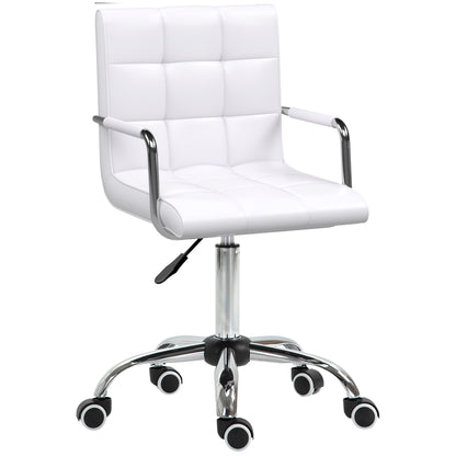Makeup Vanity Chair, PU Leather Mid Back Office Chair with Adjustable Height, Armrest and Rolling Wheels, White