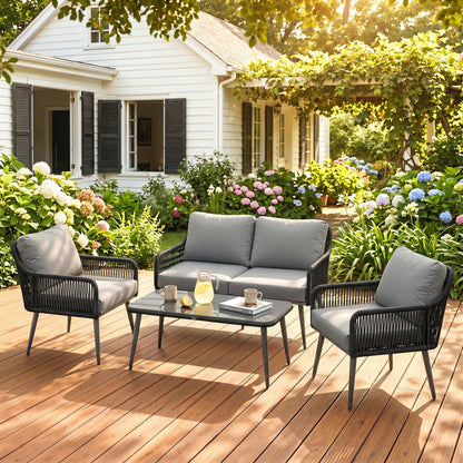 Rattan Garden Furniture Set, 4 Piece Outdoor Patio Furniture with Tempered Glass Table and Chairs