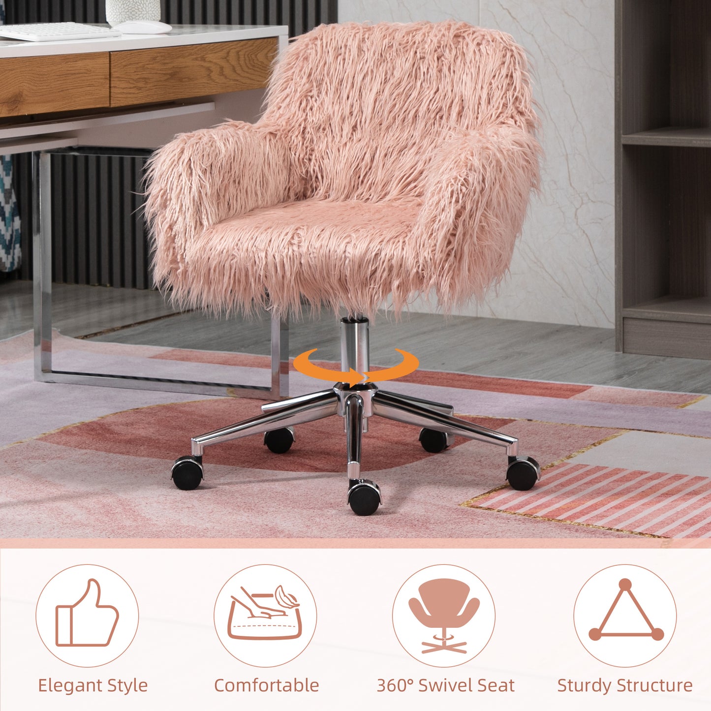 Faux Fur Desk Chair, Rolling Swivel Makeup Chair with Adjustable Height, Armrets for Home Office, Bedroom, Pink