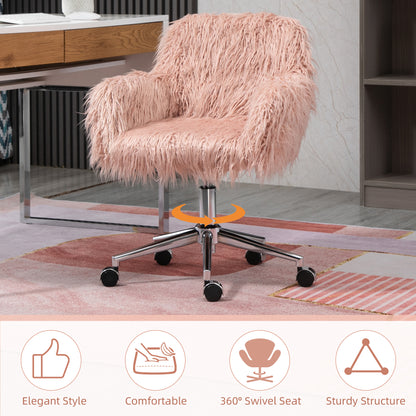 Faux Fur Desk Chair, Rolling Swivel Makeup Chair with Adjustable Height, Armrets for Home Office, Bedroom, Pink