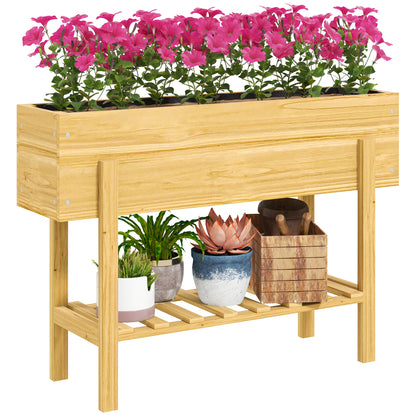Wooden Raised Garden Bed, Elevated Planter Box with Bed Liner, Drainage Holes and Storage Shelf