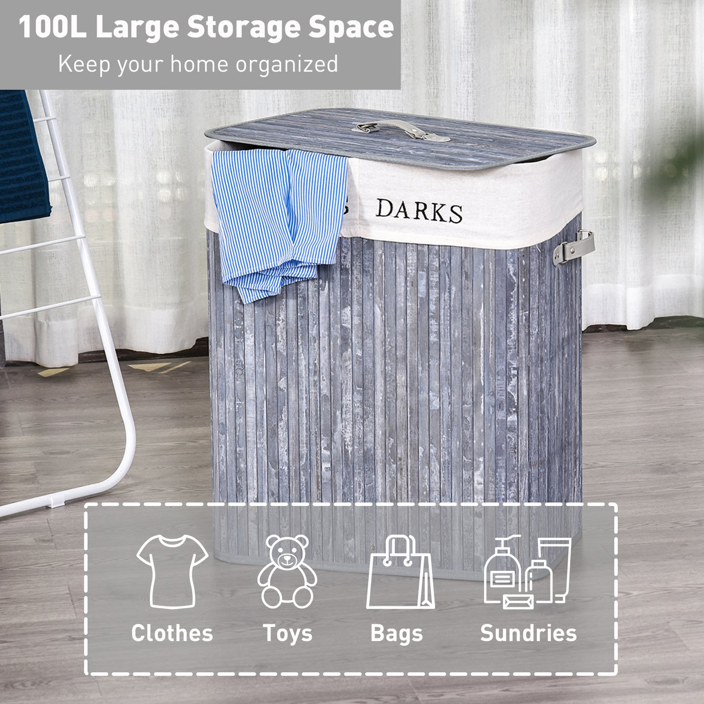 100L Collapsible Natural Wood Laundry Hamper Organizer Clothes Washing Basket Bin Storage Box w/Lid Removable Lining 52x32x63