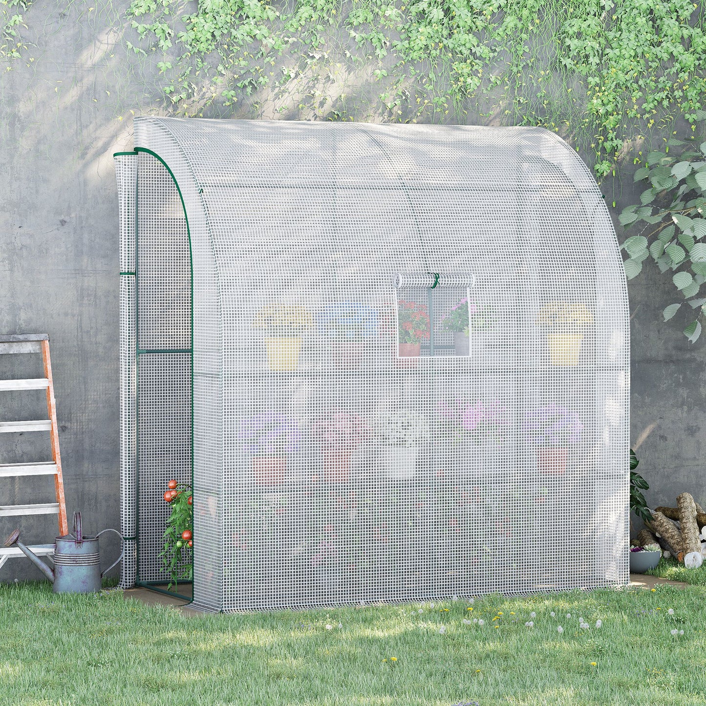 Walk-In Lean to Wall Greenhouse with Windows and Doors, Outdoor Green House with 3 Tiers 4 Wired Shelves