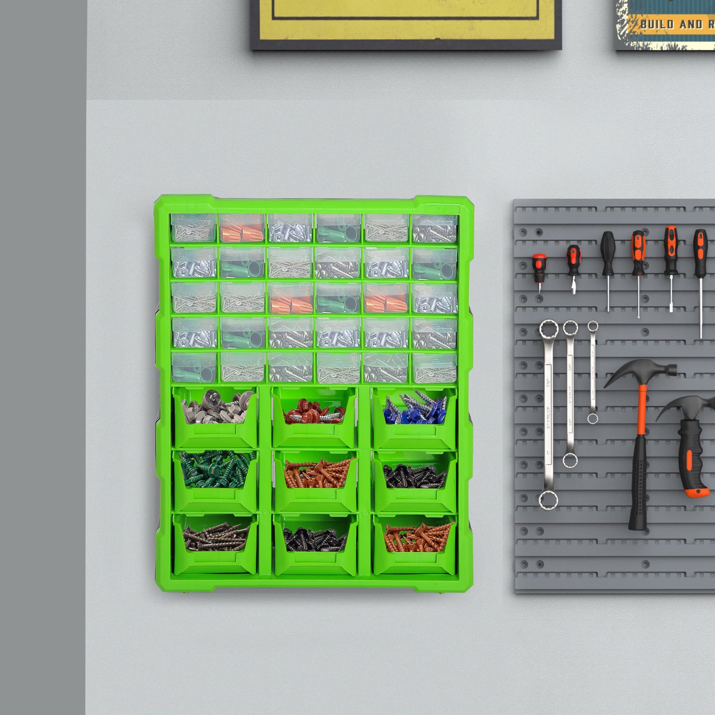 Plastic 39 Drawer Parts Organiser Wall Mount Storage Cabinet Garage Small Nuts Bolts Tool Clear