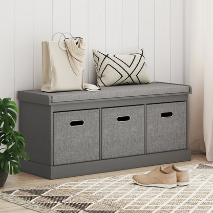 Three-Drawer Shoe Storage Bench, with Padded Top Seat - Grey