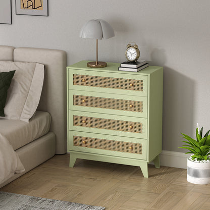 Rattan Chest of Drawers, 4 Drawer Storage Unit with Tapered Legs, Bedroom Storage Organiser Dresser for Bedside, Entryway