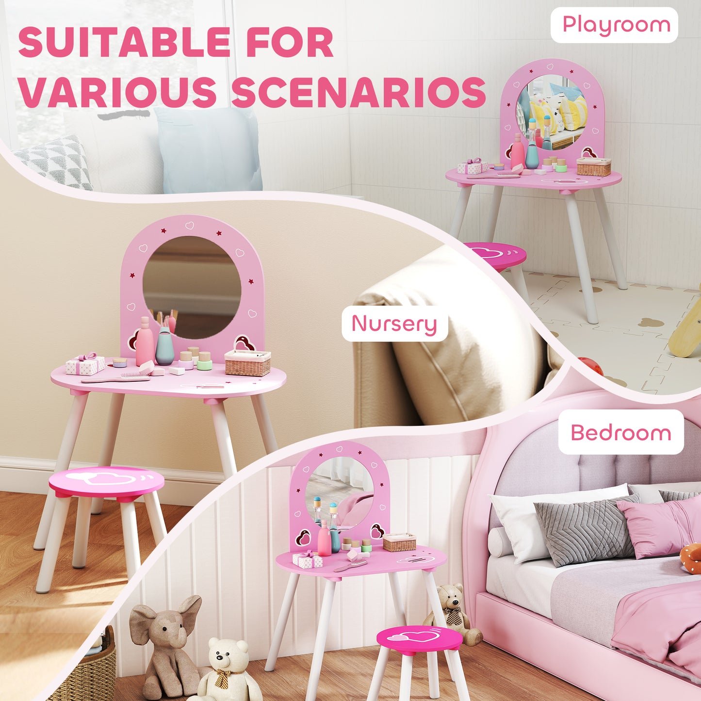 Kids Dressing Table with Mirror and Stool, Girls Vanity Set for Kids Room, Bedroom, Nursery, for Ages 3–6 Years, Pink