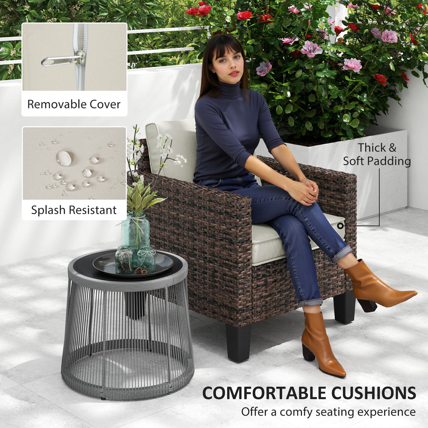 Single Rattan Armchair, with Cushions - Brown