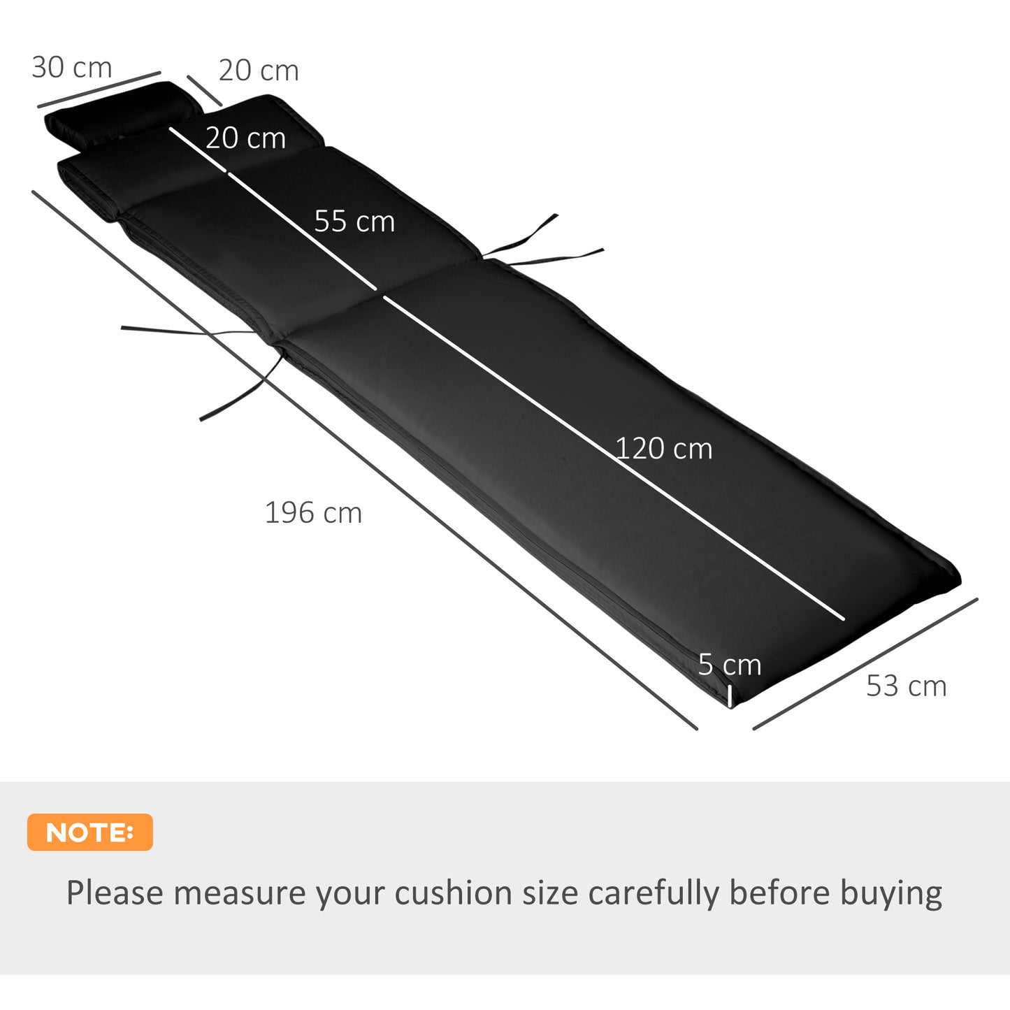 Garden Sun Lounger Cushion Replacement Soft Sunbed Reclining Chair Relaxer Pad with Pillow, Cushion ONLY - Black