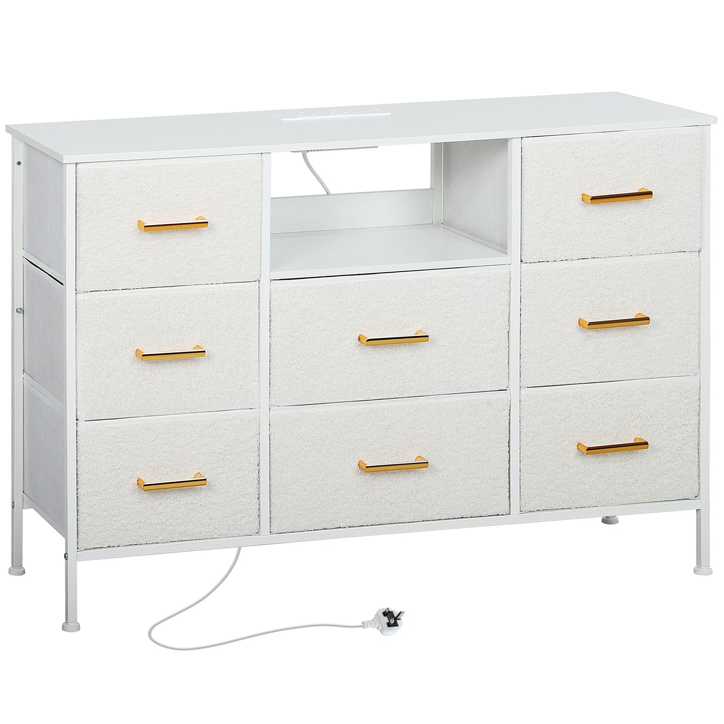 Boucle Chest of Drawers, 8 Fabric Drawers Storage Organiser with Charging Station, 2 USB and 2 AC Ports, Steel Frame
