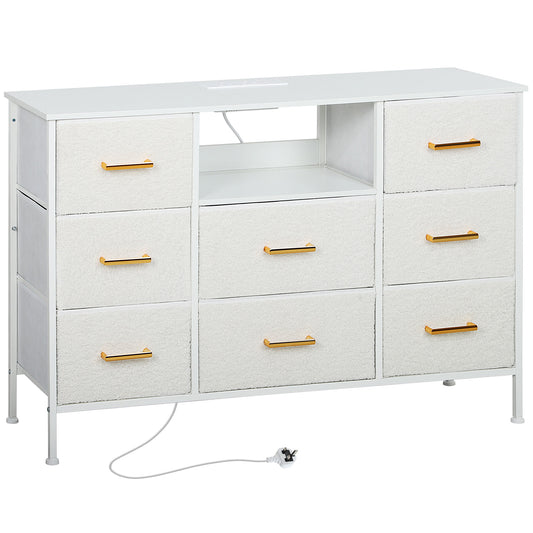 Boucle Chest of Drawers, 8 Fabric Drawers Storage Organiser with Charging Station, 2 USB and 2 AC Ports, Steel Frame