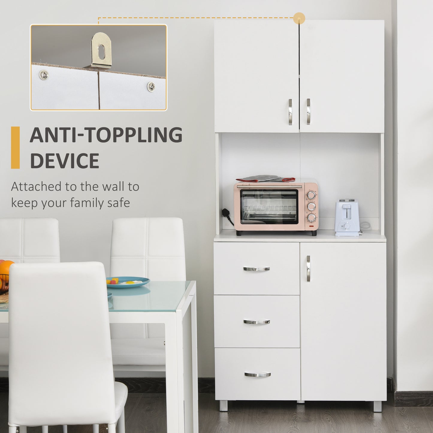 183.5cm Free standing Kitchen Cupboard, Storage Cabinet with Doors and Sheleves, 3 drawers and Open Space