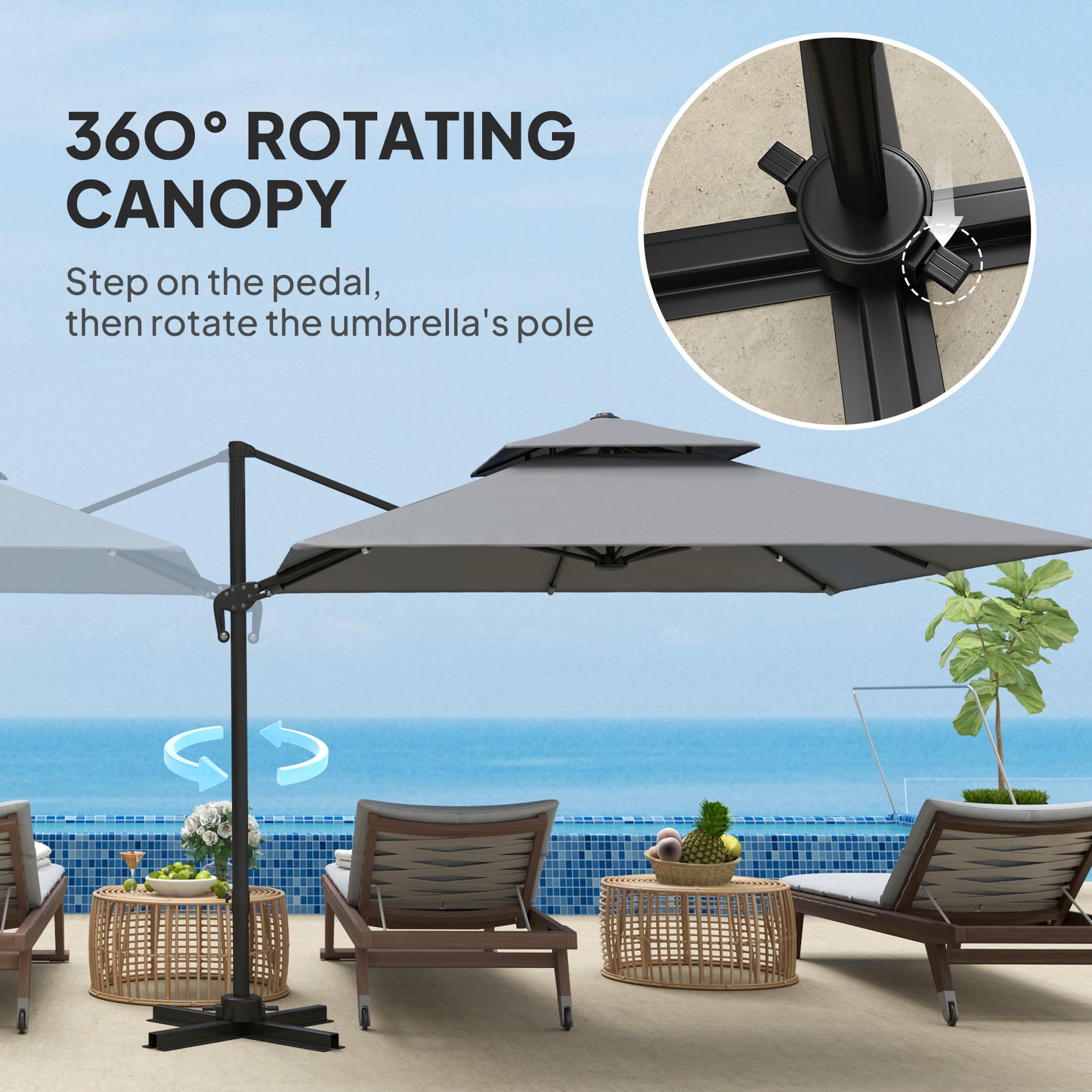 3 x 3(m) Cantilever Parasol with Aluminium Frame, Crank and Tilt, 360-Degree Rotation, Double Top Garden Umbrella