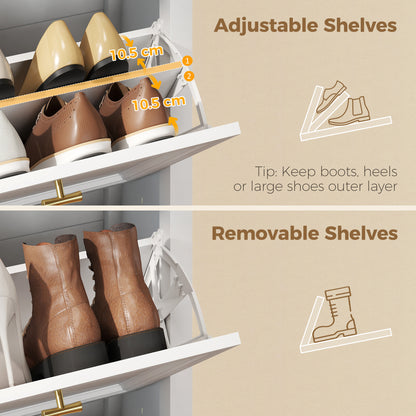 Shoe Cabinet with 3 Flip Drawers, Farmhouse Narrow Shoe Storage Cabinet with Adjustable Shelves, White