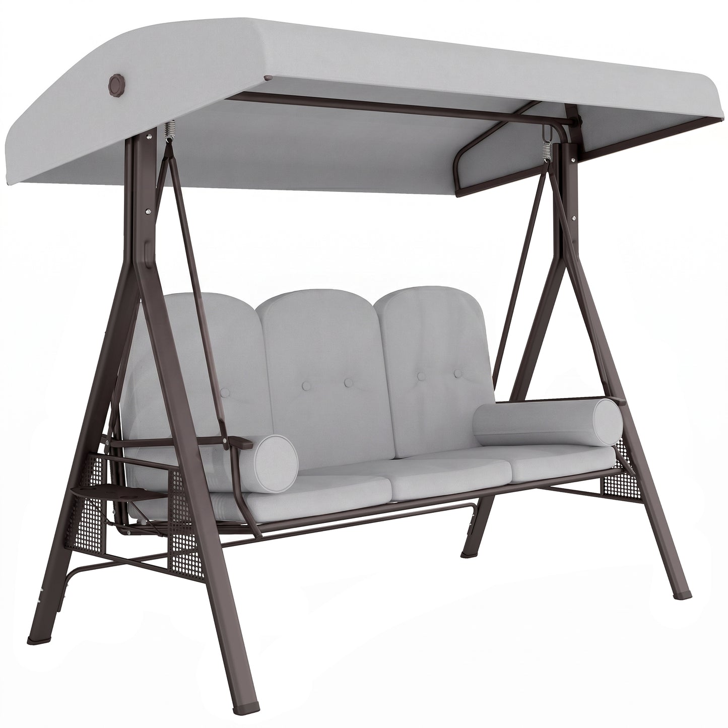 3 Seater Canopy Swing Chair, Outdoor Garden Swing Seat with Adjustable Canopy, Cushions and Cup Trays, Steel Frame