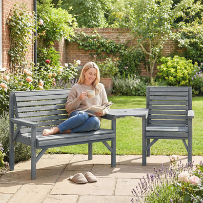 Wooden Garden Furniture Set with Parasol Hole, 1 Chair, 1 Bench and Detachable Table, Grey Embossed Finish