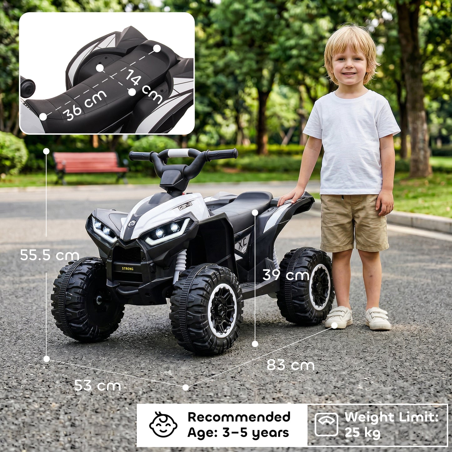 12V Ride-On Quad Bike w/ Music, Horn, for Ages 3-5 Years - White