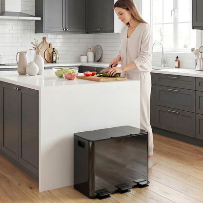 3 x 15L Pedal Bin, Steel Triple Kitchen Bin with Soft Close Lid, Removable Inner Buckets, Fingerprint-Proof, Black