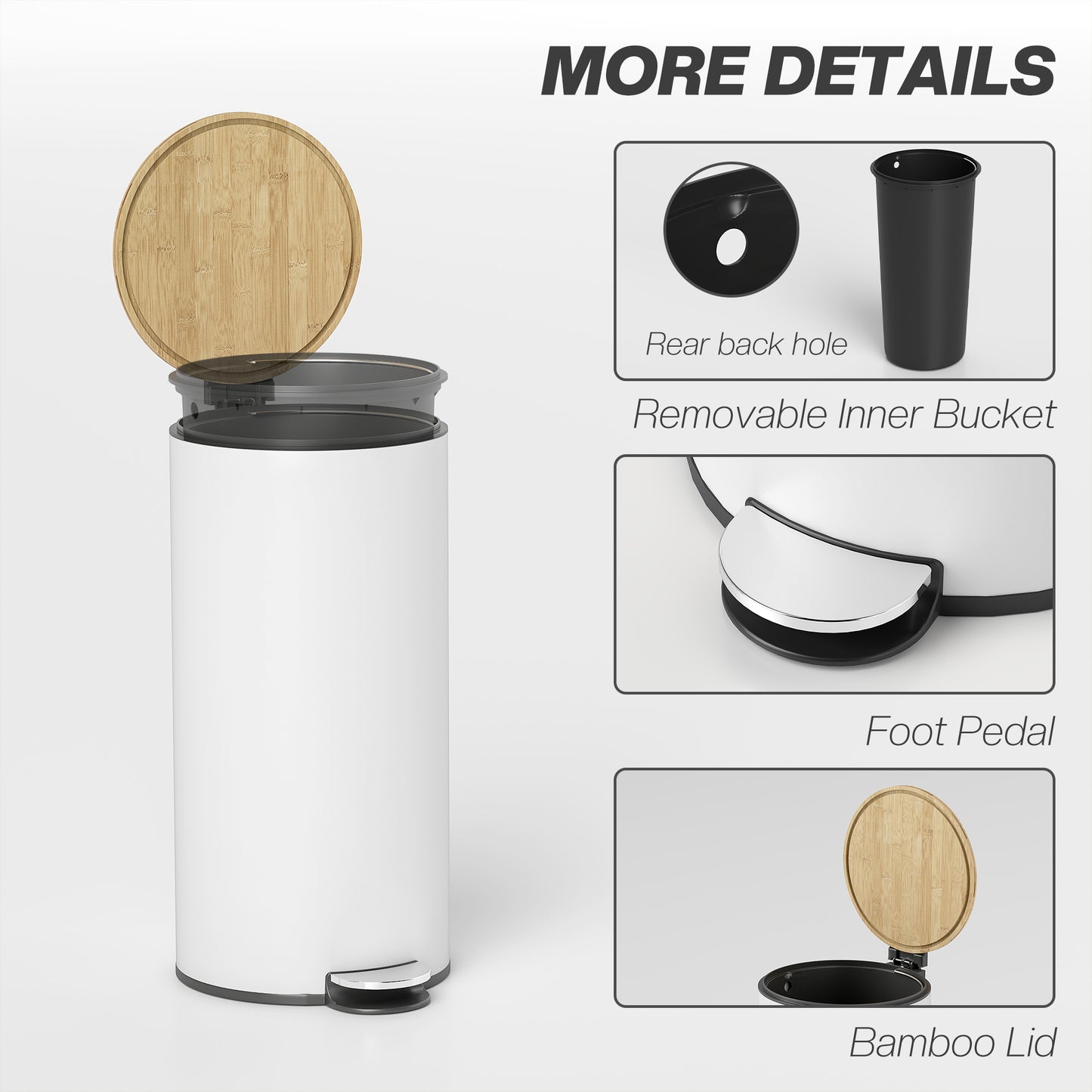 Kitchen Bin, 30 Litre Pedal Rubbish Bin with Removable Bucket, White and Natural