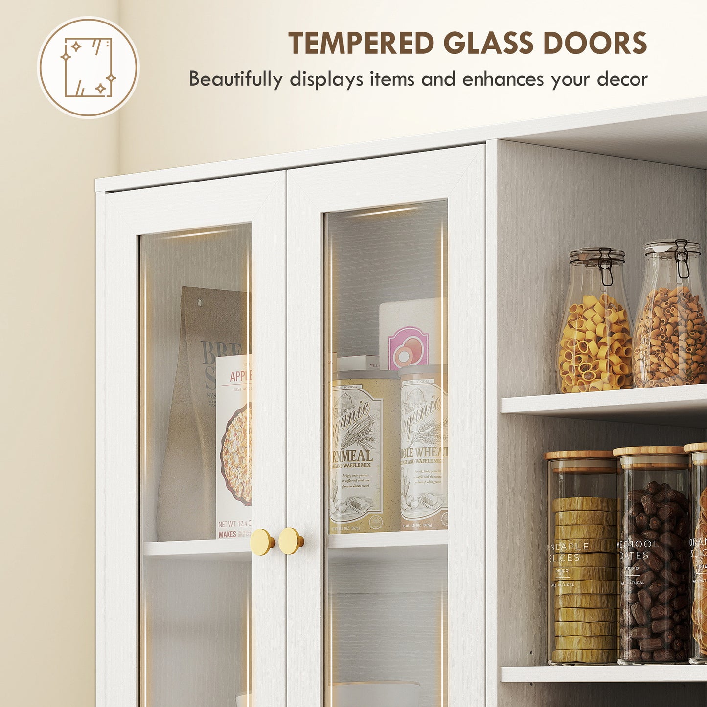Multi-Storage Kitchen Cabinet, with Glass Doors - White Wood-Effect