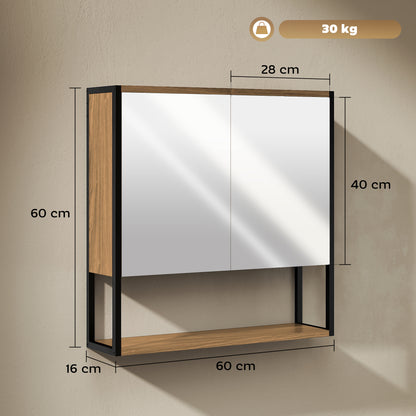 Bathroom Mirror Cabinet with Soft-Close Doors and Adjustable Shelf - Natural Wood Finish