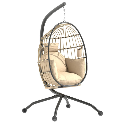 Hanging Egg Chair Outdoor Indoor Garden Swing Chair with Folding Basket and Thickened Cushion