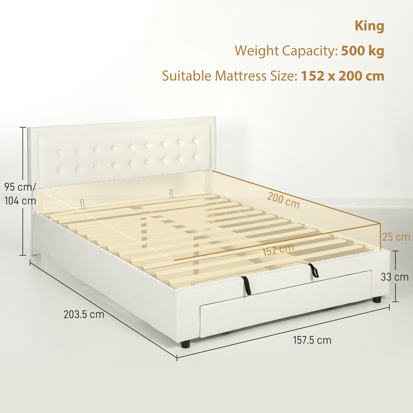 King Size Ottoman Bed Frame, with Front Drawer - Cream
