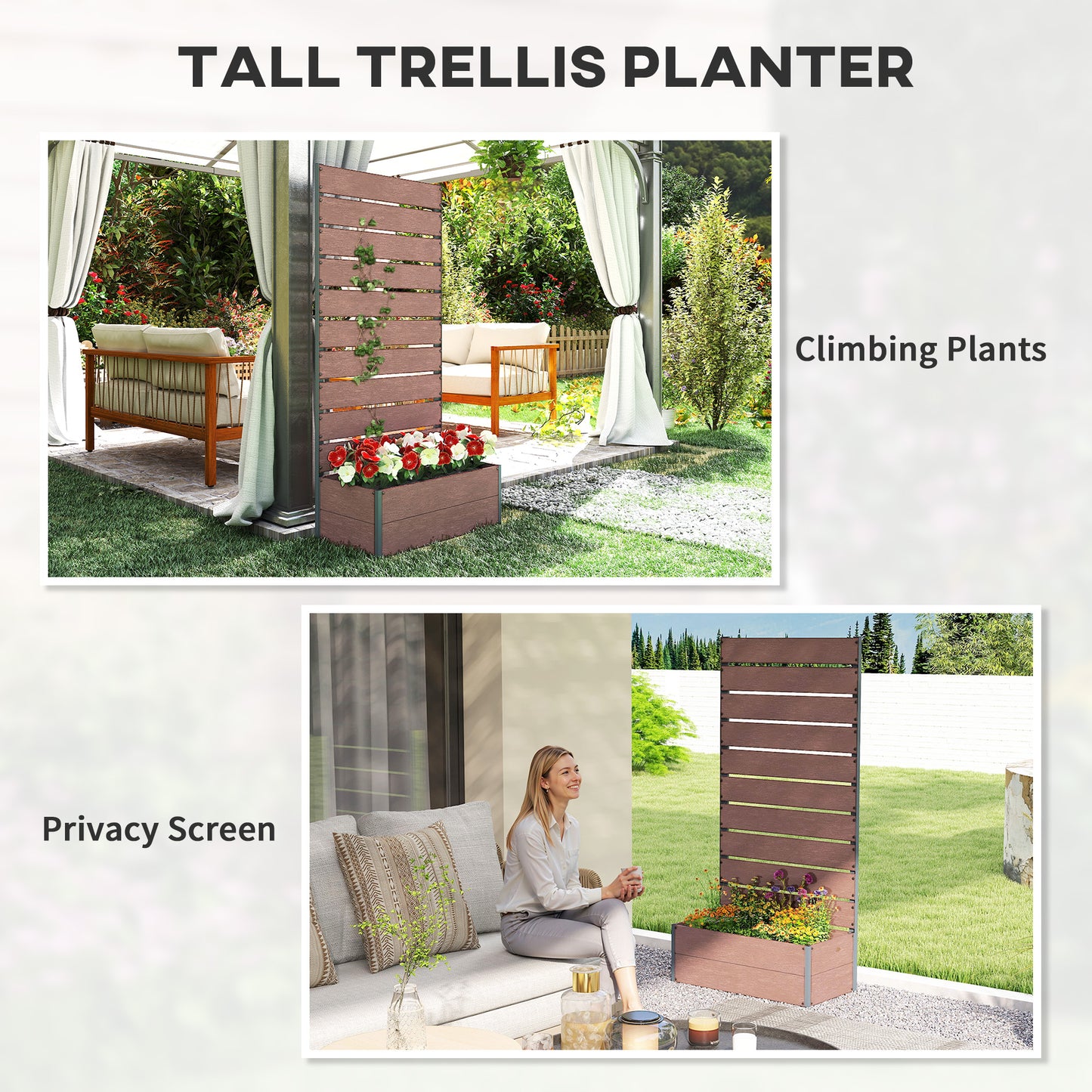 34 x 69.5cm Garden Planter Box, with Back Trellis, Brown