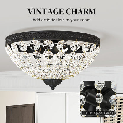 Crystal Chandelier Ceiling Light with 168 Octagonal Beads, Vintage 2-Light Flush Mount Ceiling Light for Living Room
