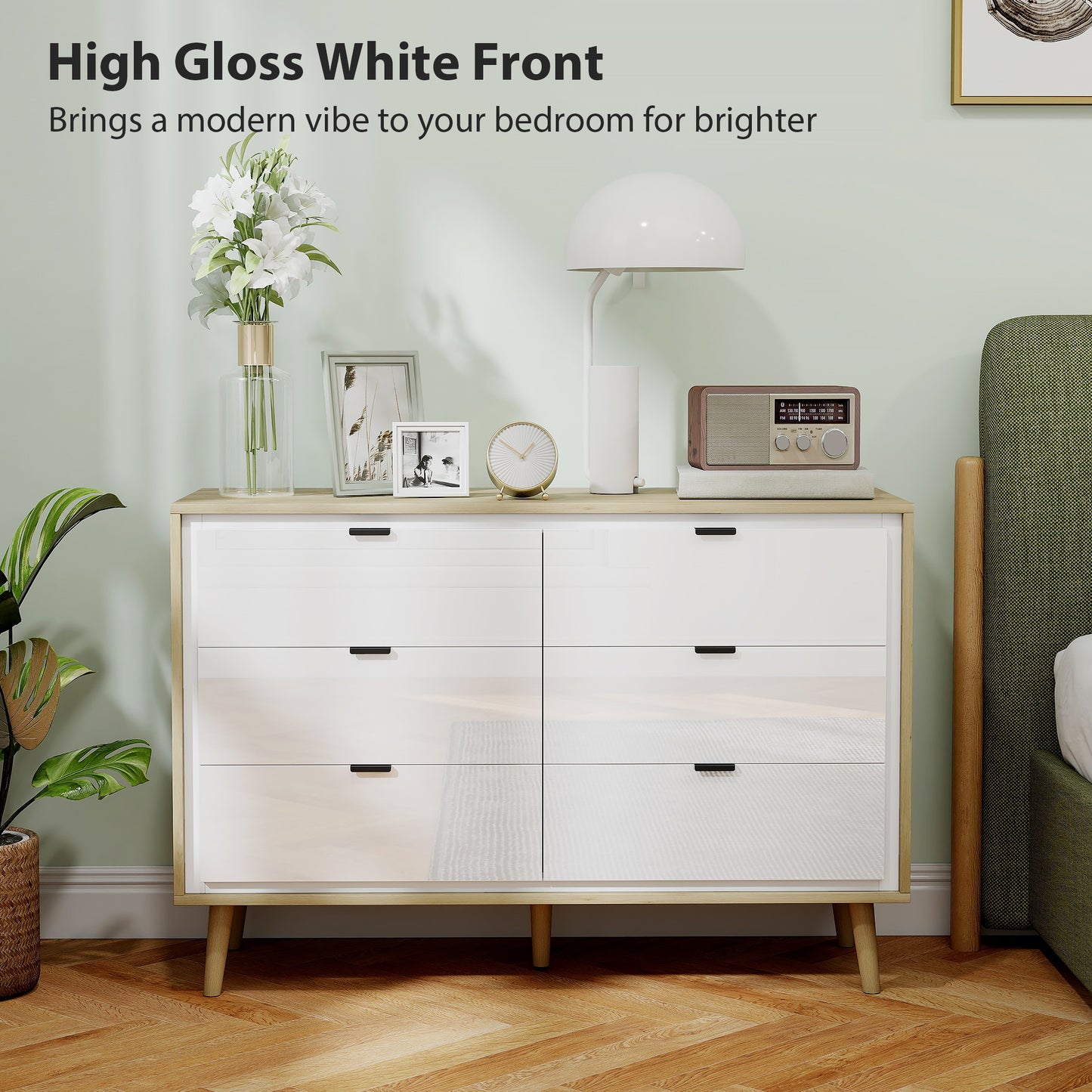 Storage Cabinet, Chest of Drawers with 6 Drawers and 5 Legs for Bedroom, High Gloss White
