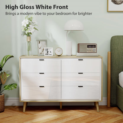 Storage Cabinet, Chest of Drawers with 6 Drawers and 5 Legs for Bedroom, High Gloss White