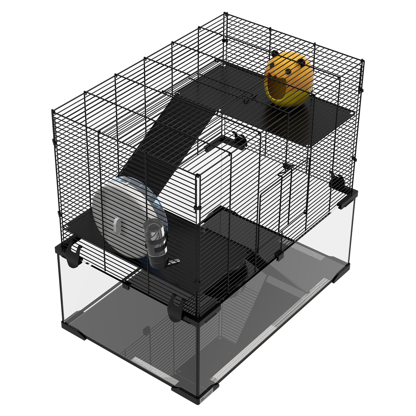 3 Tiers Hamster Cage, Gerbil Cage with Deep Glass Bottom, Non-Slip Ramps, Platforms, Hut, Exercise Wheels, Water Bottle
