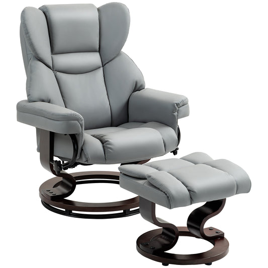 360° Swivel Recliner Chair with Footstool, PU Leather Manual Recliner Armchair with Footstool, Solid Wood Base